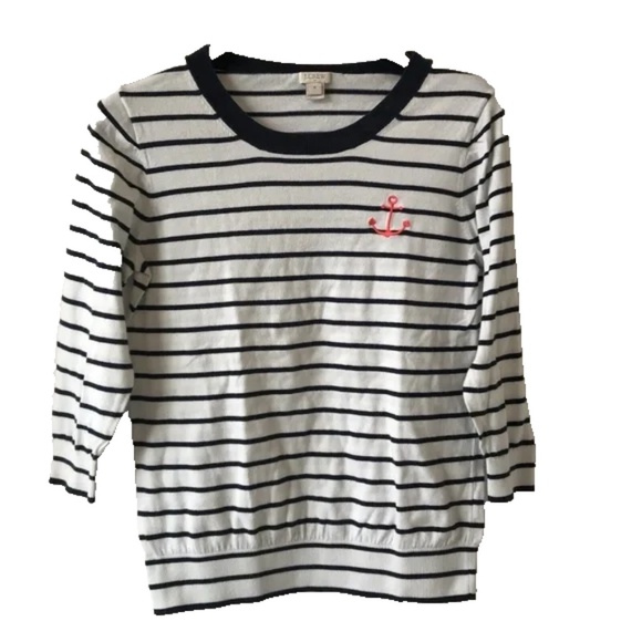 J. Crew Factory Sweater White Navy Stripe Embroidered Anchor Preppy size medium - Picture 1 of 9